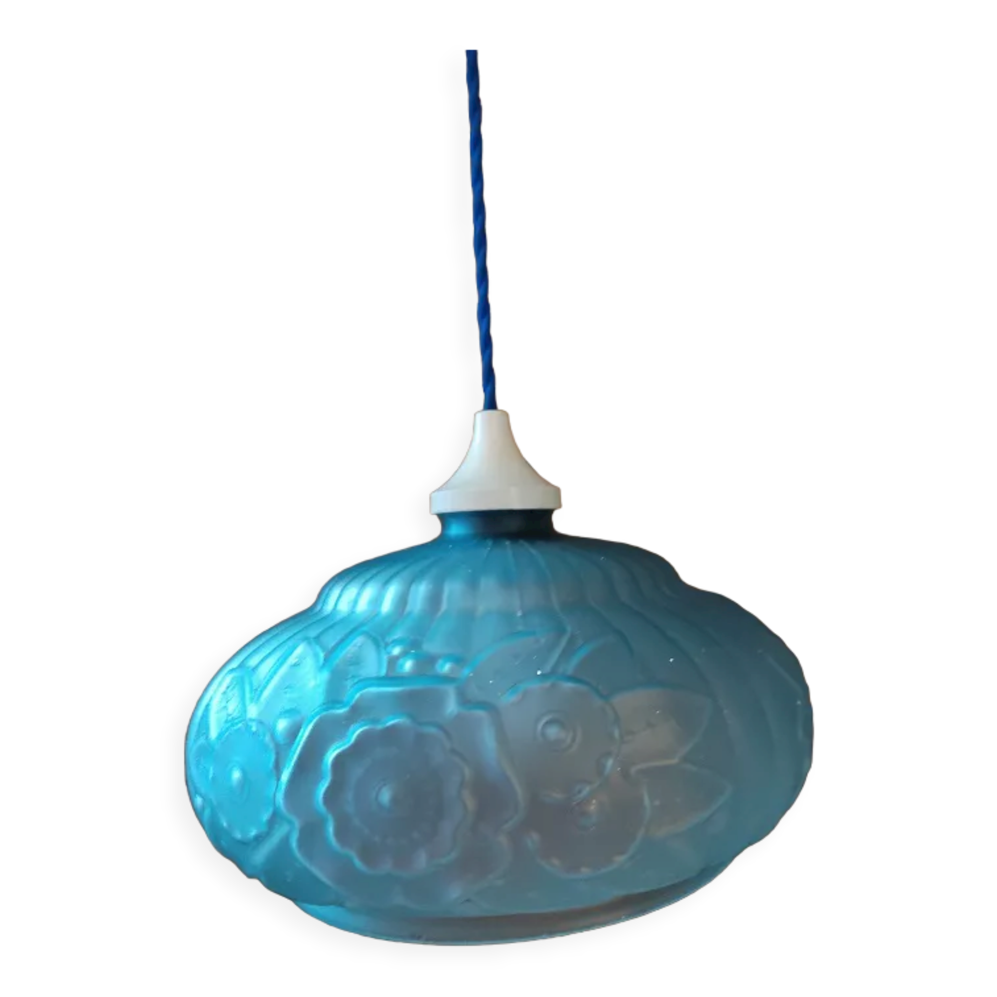 Pendant lamp globe in frosted molded glass relief flowers Blue Dp 112294