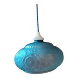 Pendant lamp globe in frosted molded glass relief flowers Blue Dp 112294