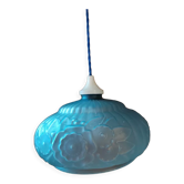 Pendant lamp globe in frosted molded glass relief flowers Blue Dp 112294