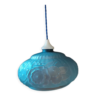 Suspension globe en verre moulé dépoli relief fleurs Bleu Dp 112294