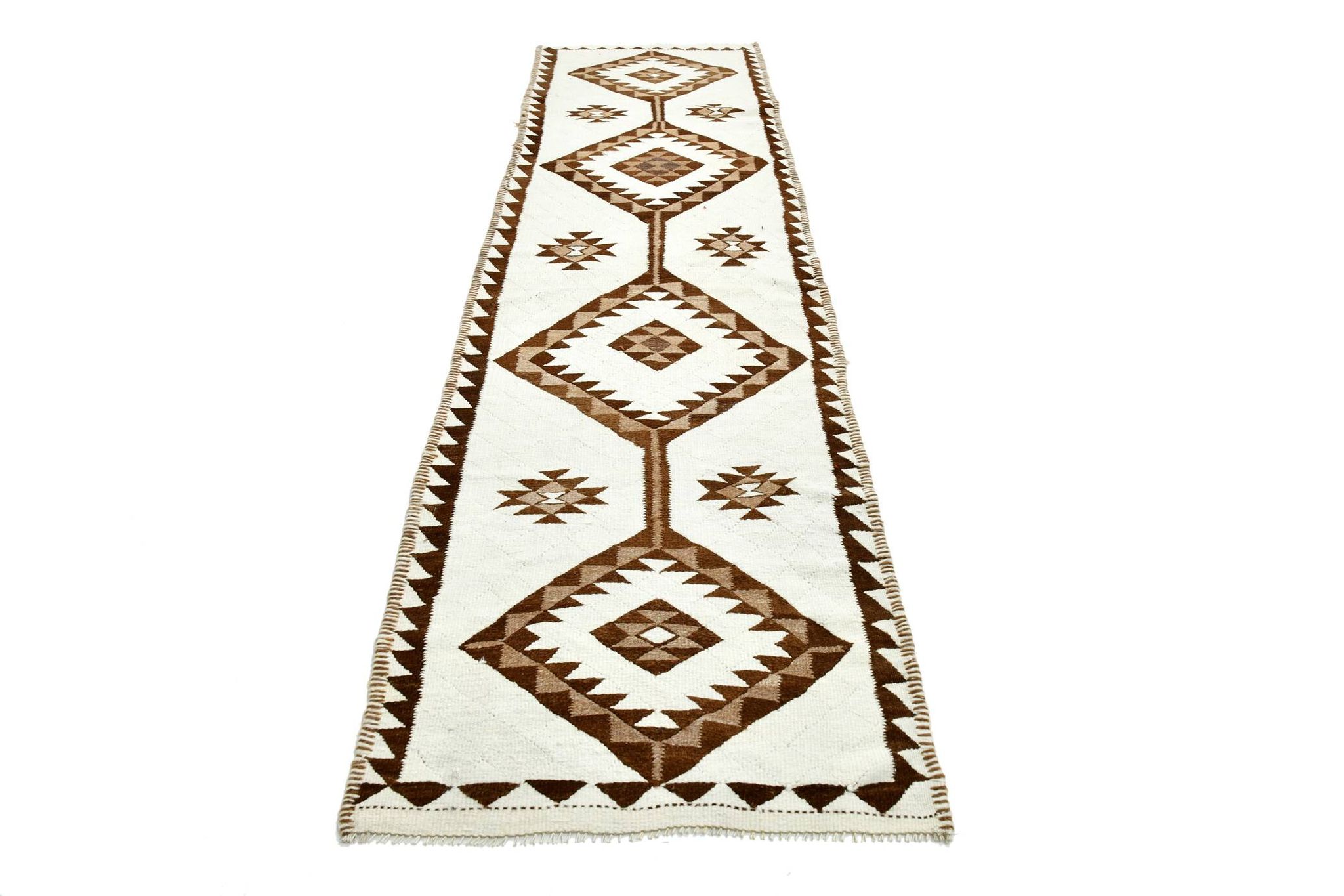 3x12 Geometric Beige & Brown Kilim Runner Rug, 102x357Cm