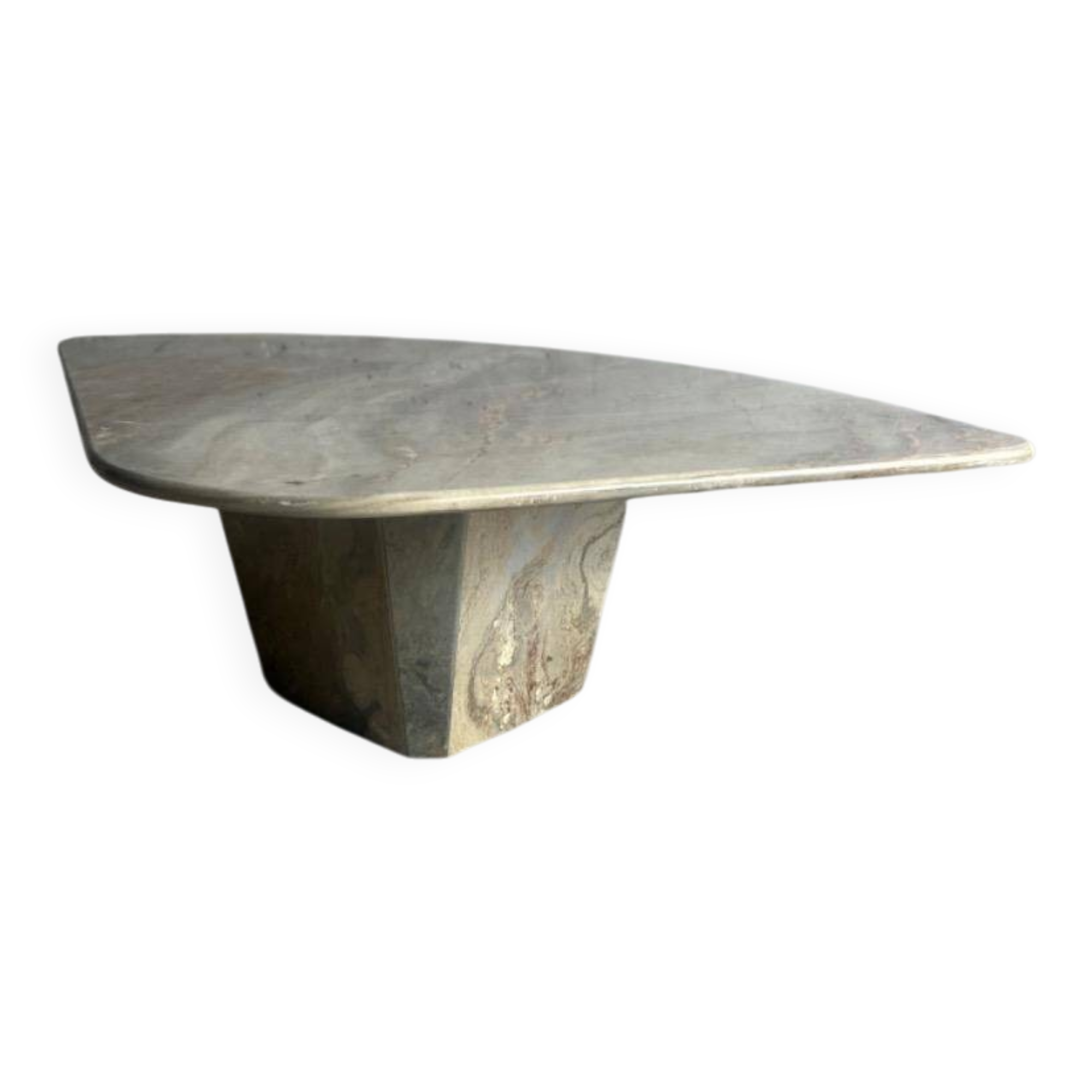 Light gray solid granite coffee table with organic triangular shape and conical base, 1980s
