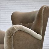 1960s, Danish armchair, green furniture velour, oak wood legs.