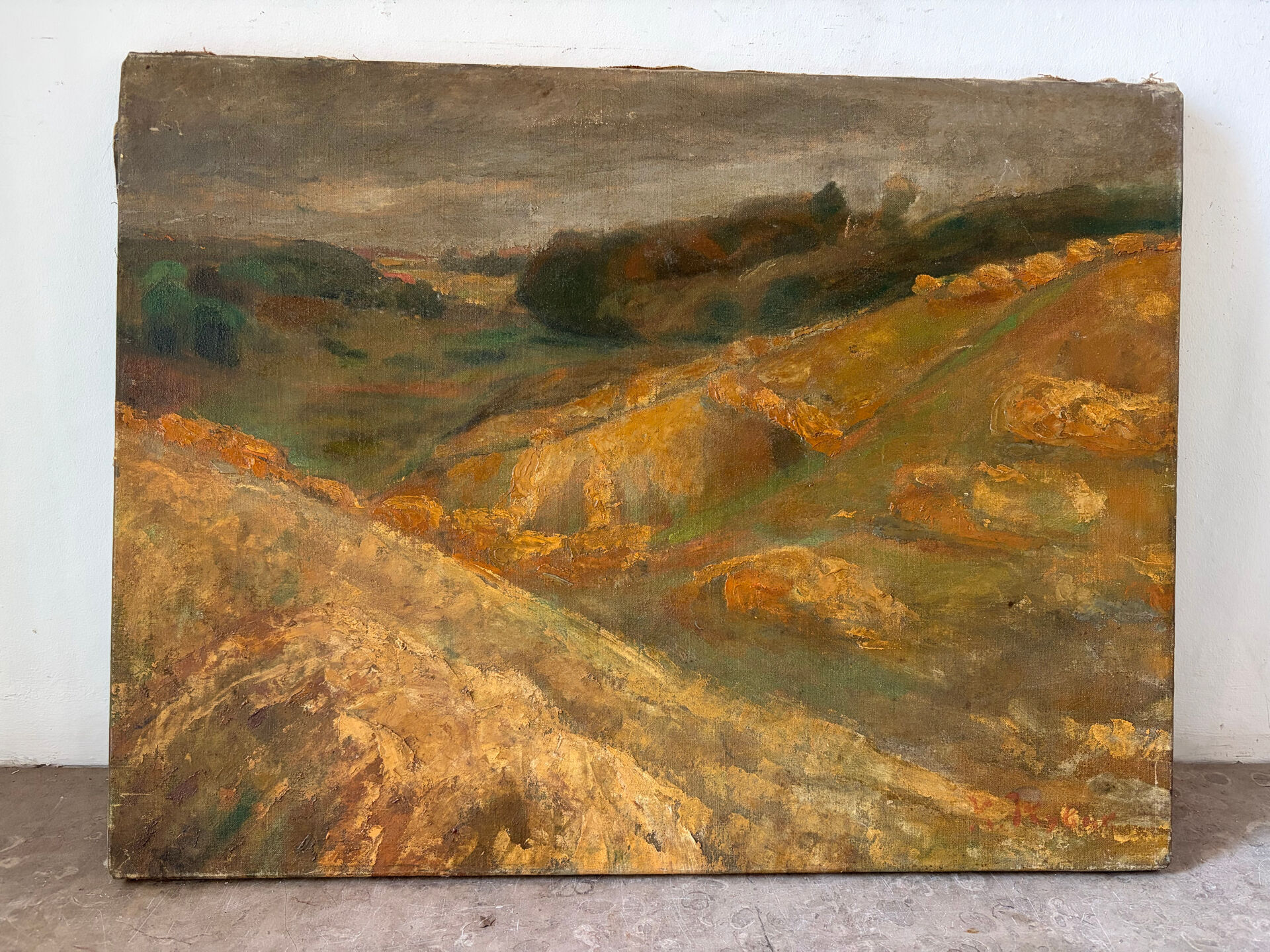 Paysage ochre et brun, huile sur toile signé