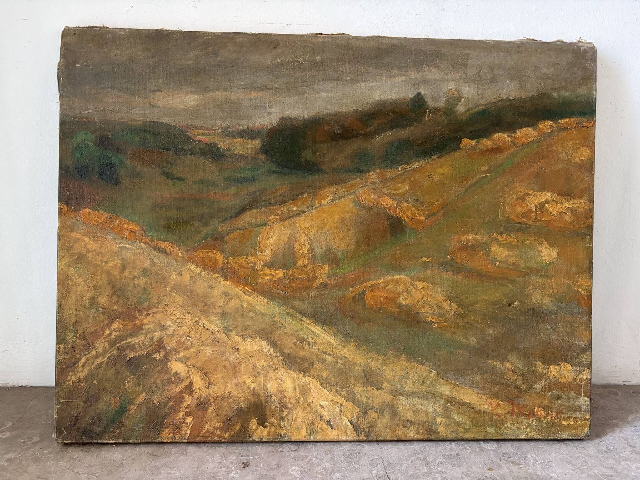 Paysage ochre et brun, huile sur toile signé