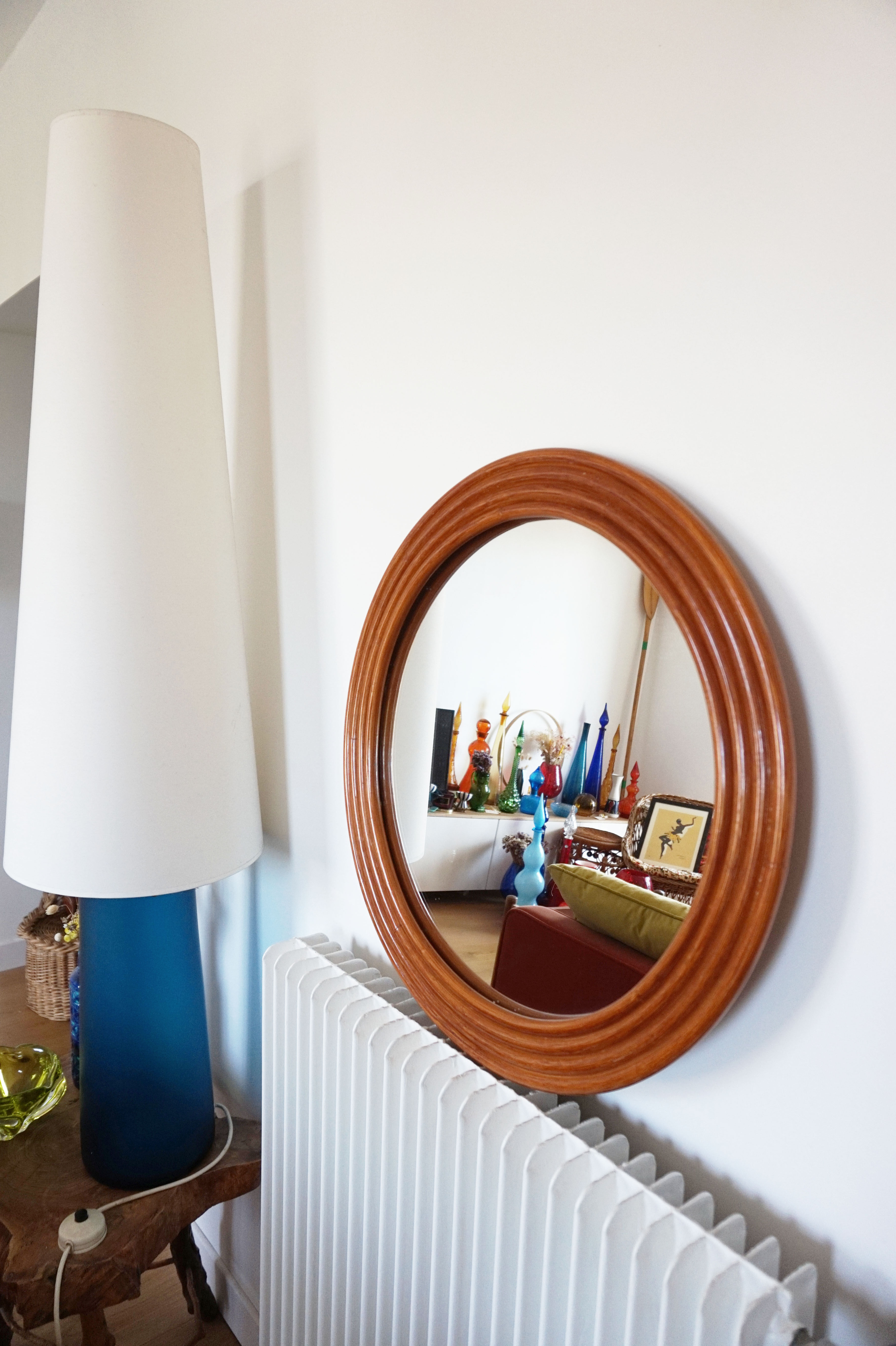 Round mirror in vintage rattan bamboo