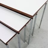 White Nesting Table Set with chrome frame and wood detail, 1970s