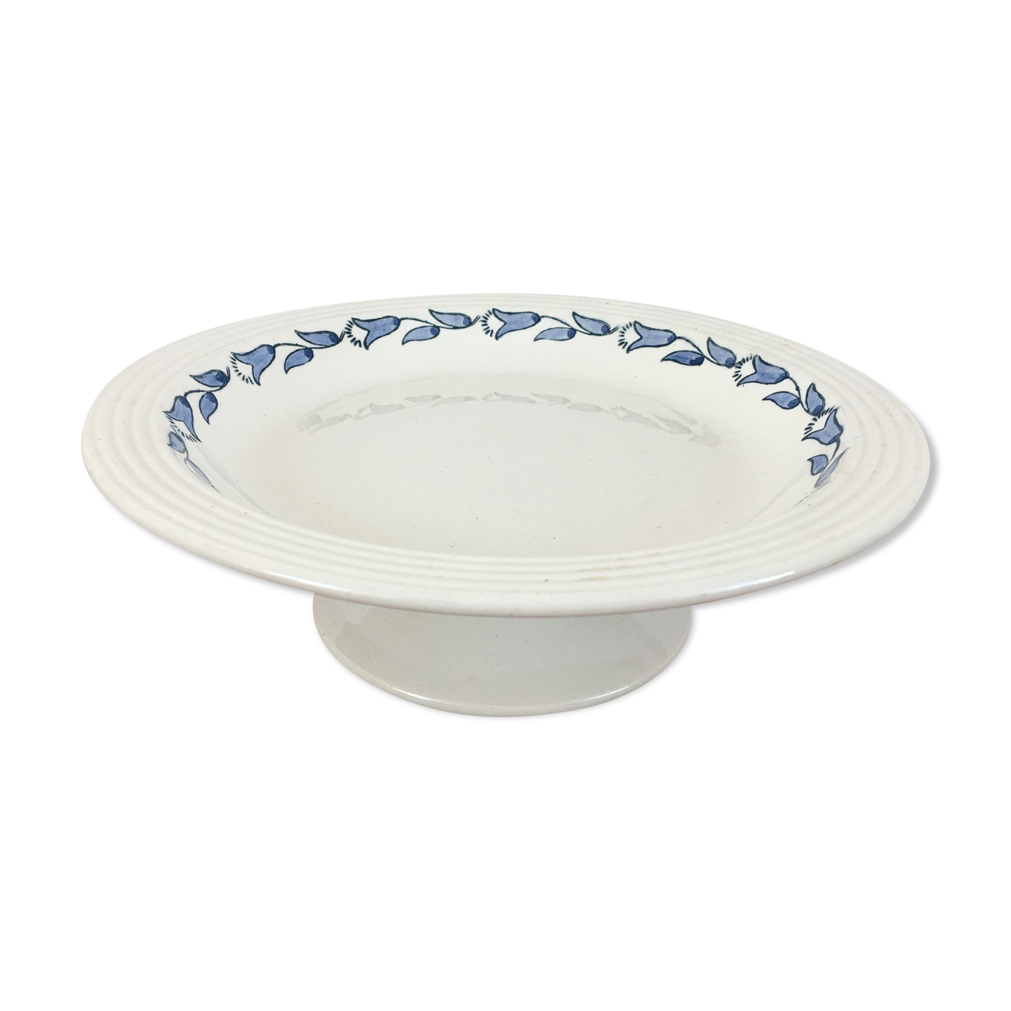Compotier piédouche fleurs bleues Longwy