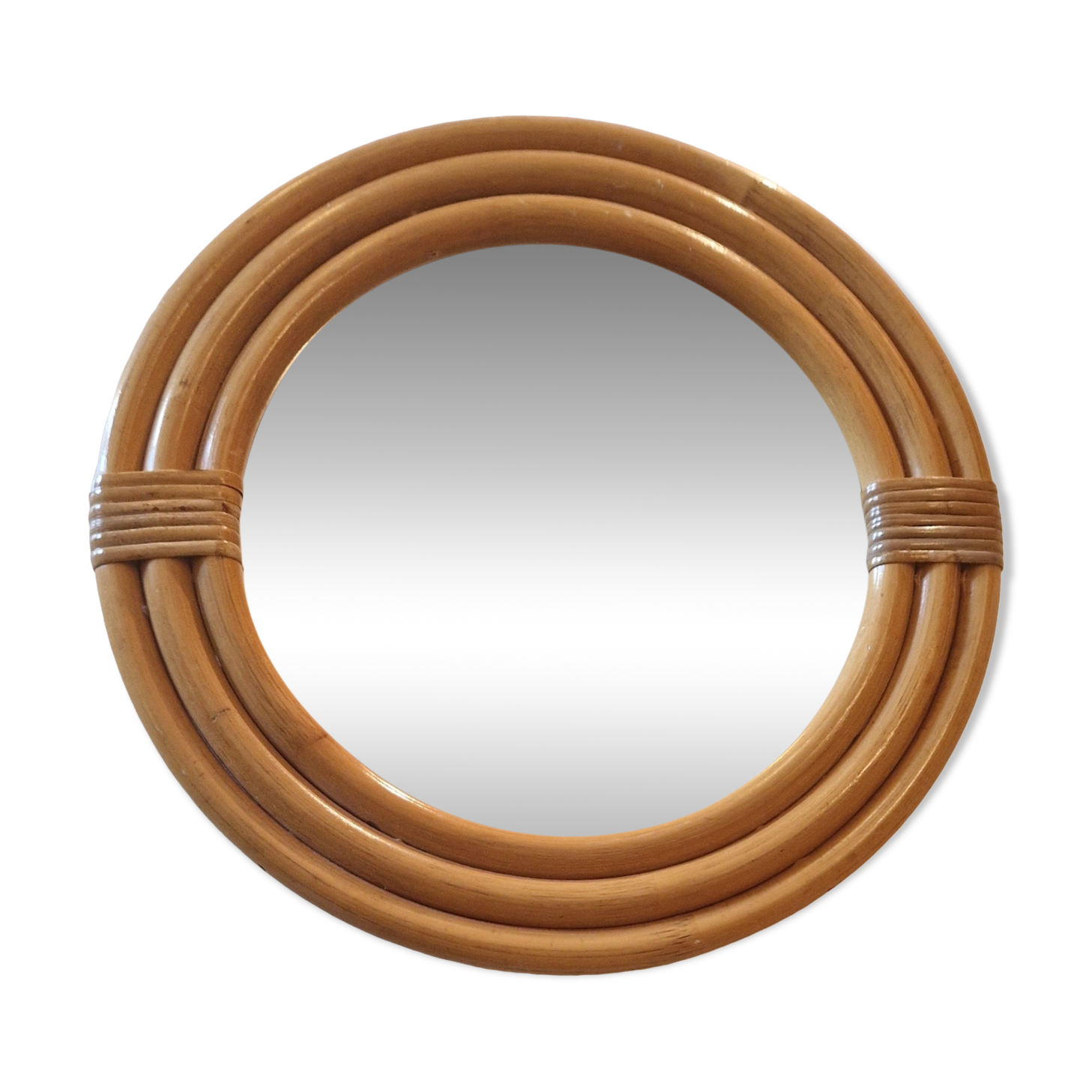 Vintage 1970s round rattan mirror
