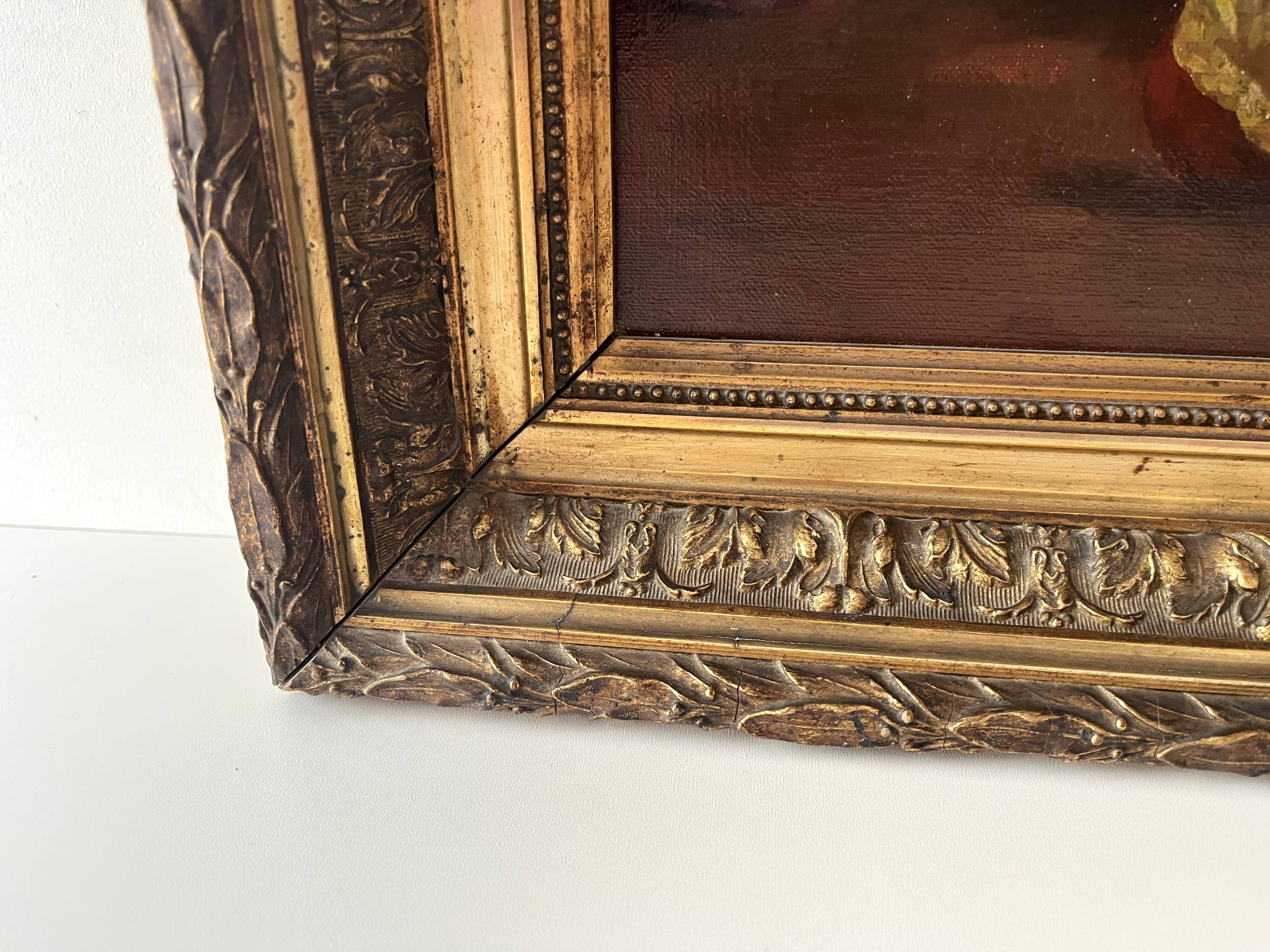 Oil on canvas of a still life with pears 1911, antique framed painting