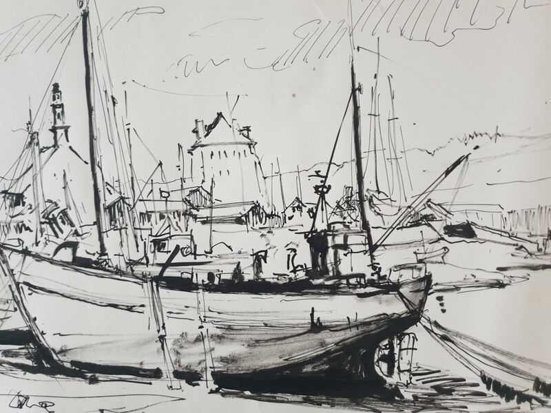 André Duculty (1912-1990) Ink on paper "Port de pêche" Monogrammed lower left