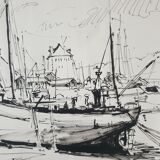 André Duculty (1912-1990) Ink on paper "Port de pêche" Monogrammed lower left