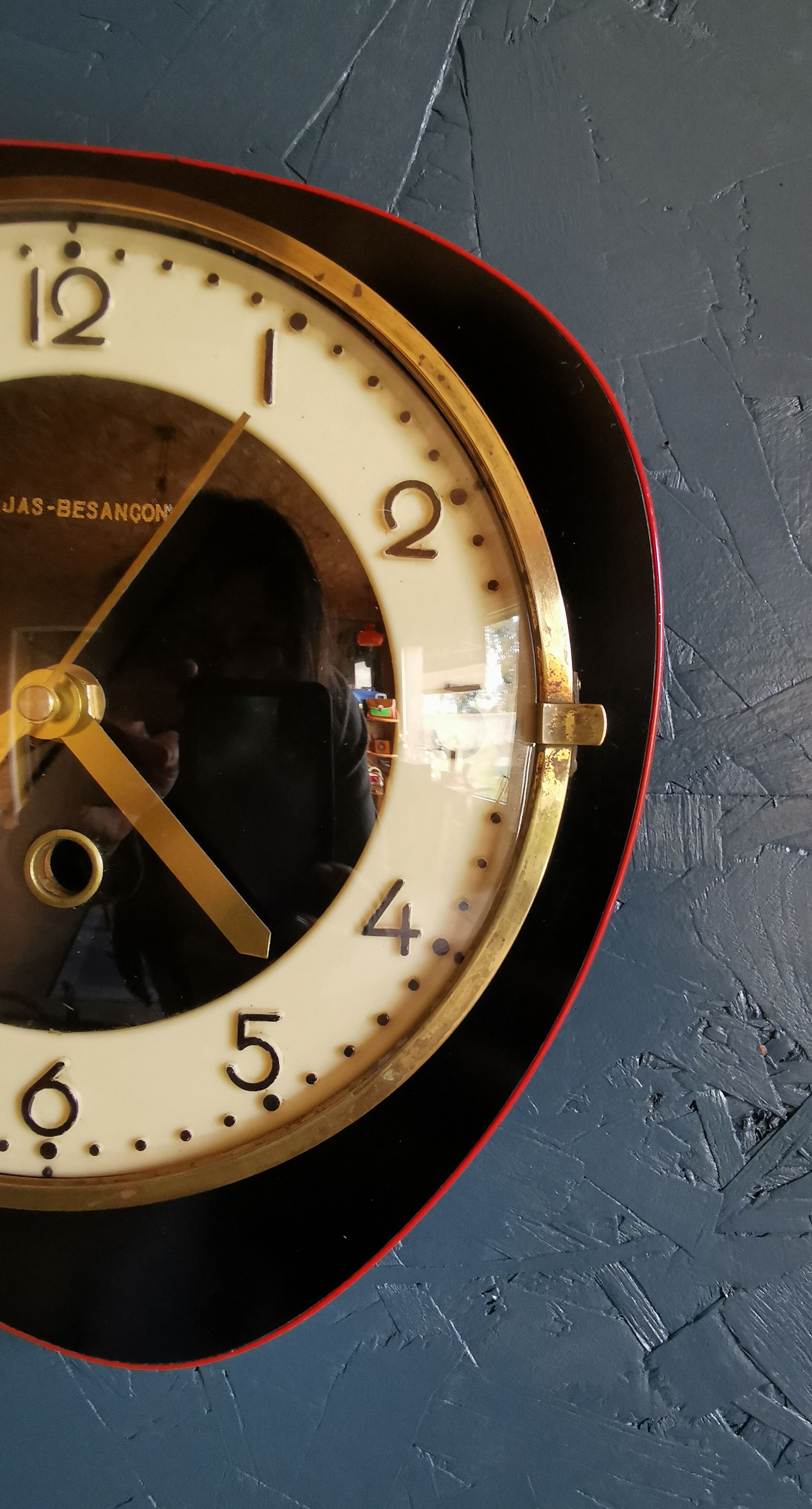 Vintage formica clock silent asymmetrical wall clock "Ajas Besançon black red"