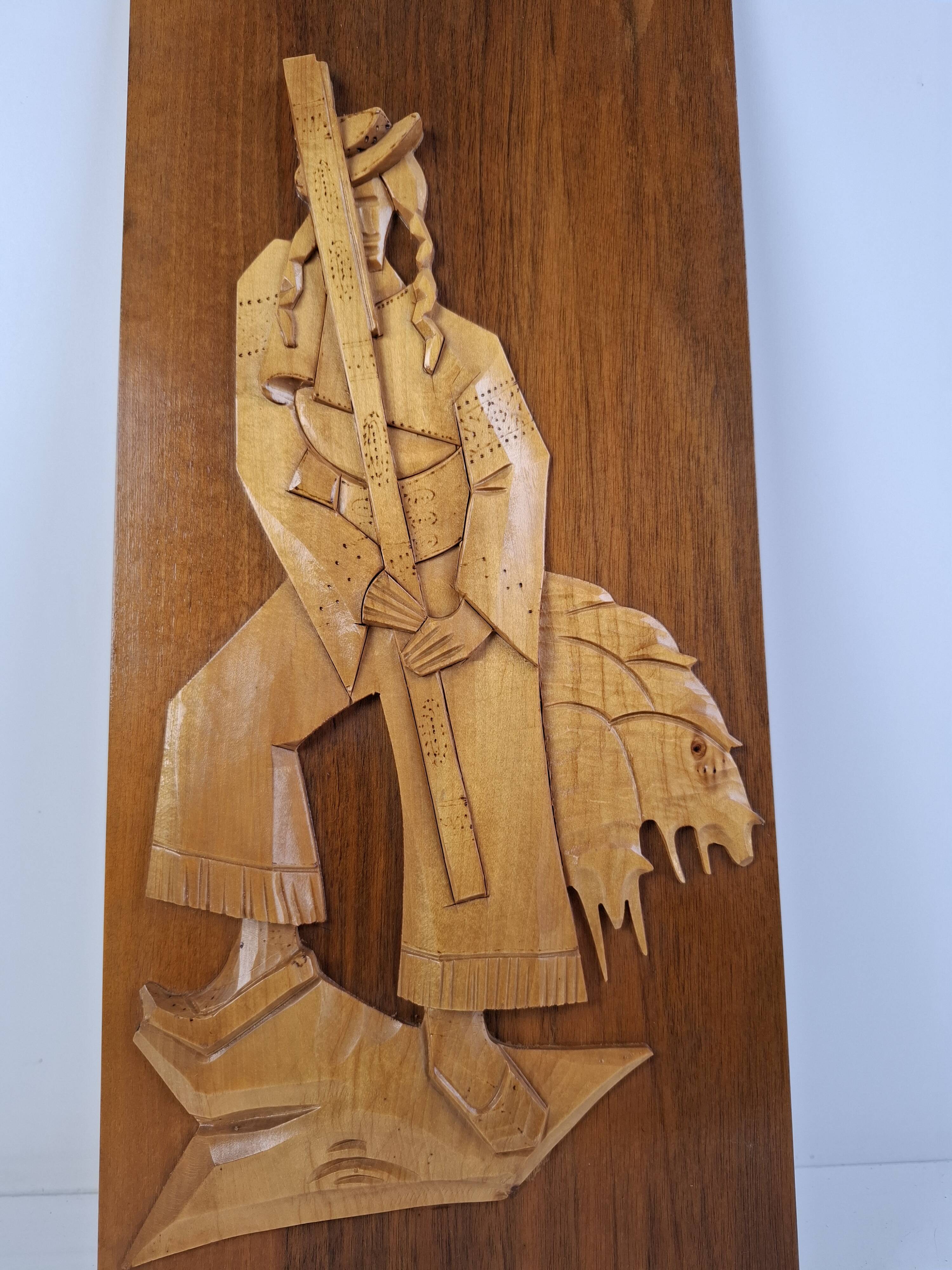 Mid-century Czech hand-carved wooden shepherd wall relief, 1960.