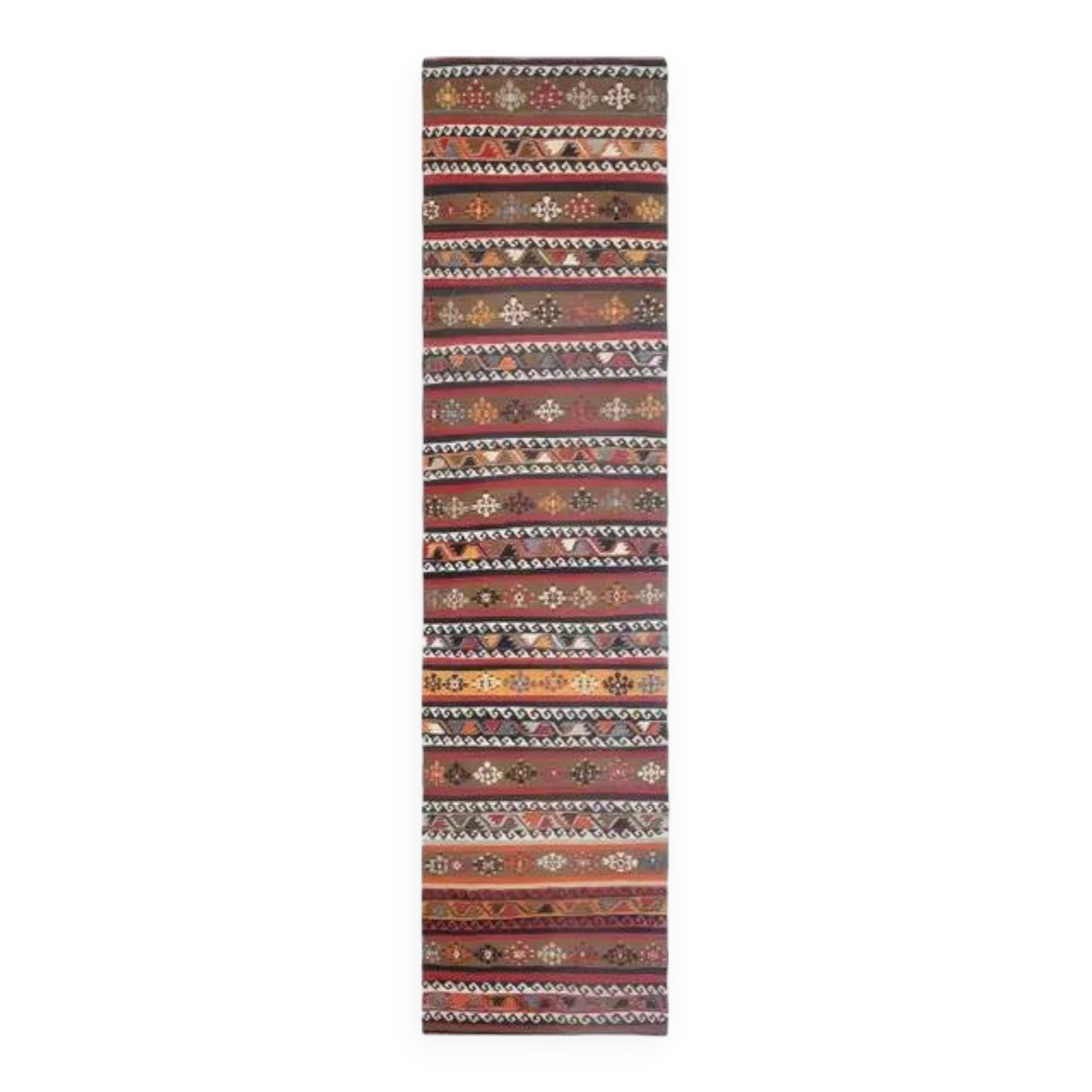 Tapis Kilim coloré en laine et coton fait main turc vintage des années 1970 98x405
