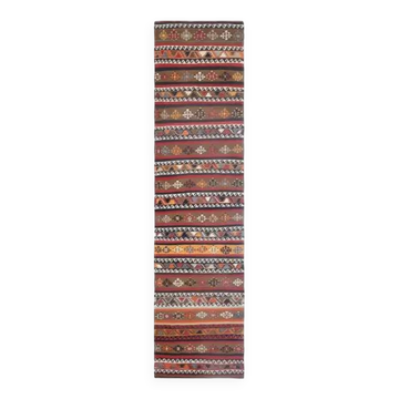 Tapis Kilim coloré en laine et coton fait main turc vintage des années 1970 98x405