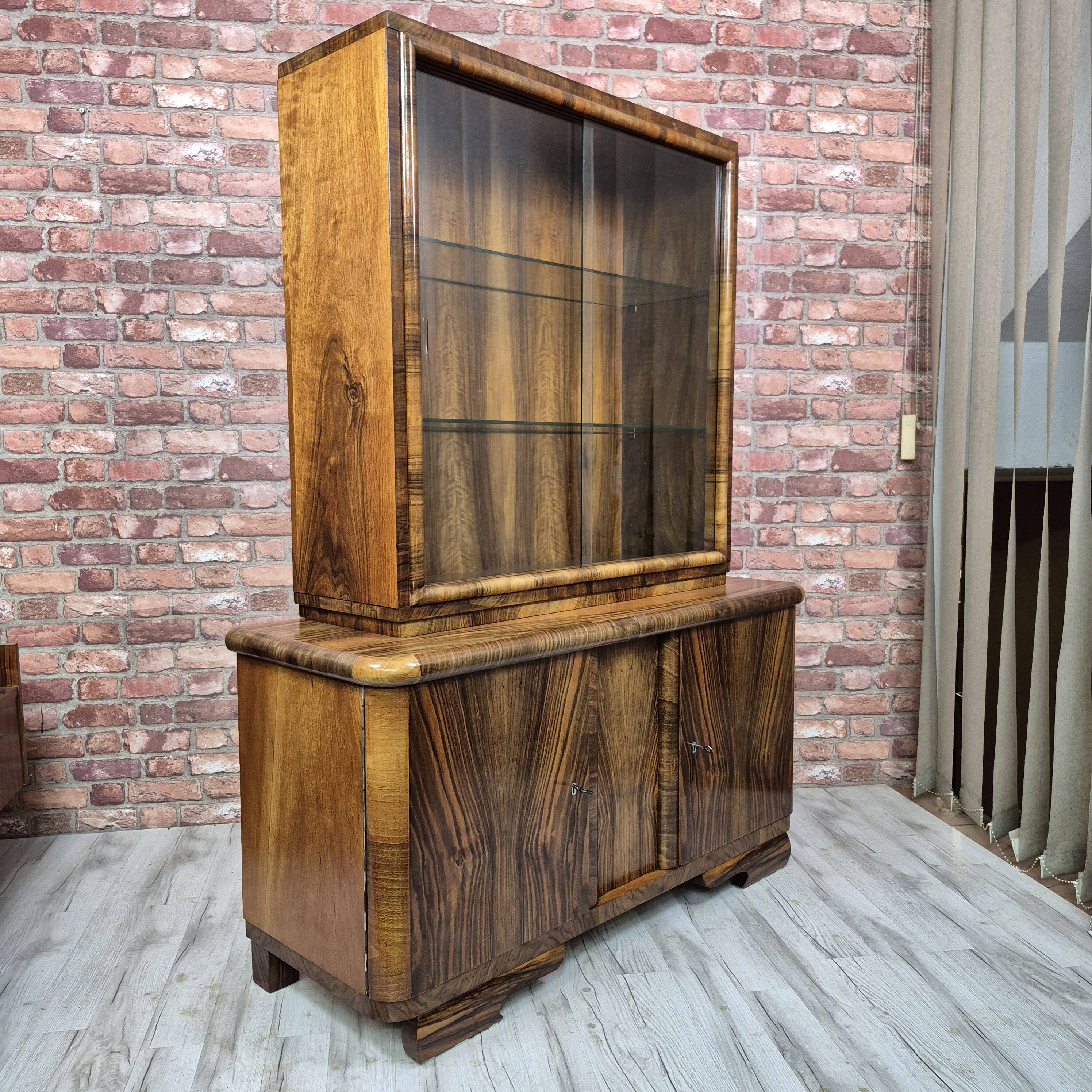 Streamlined Art Deco Walnut Display Cabinet / Sideboard – 1930s / 1940s