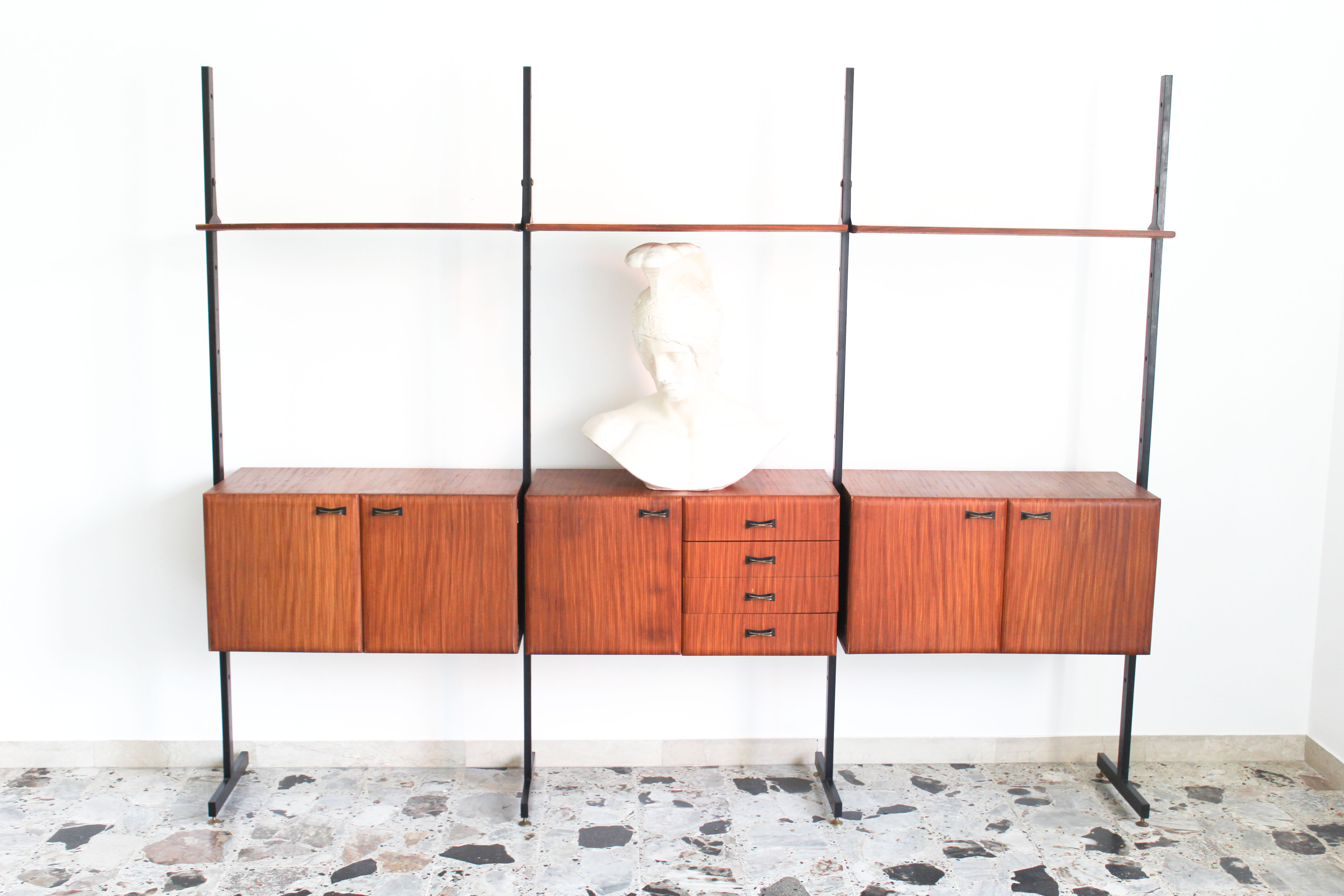 Bookcase in slab wood and black metal, Italy 50s