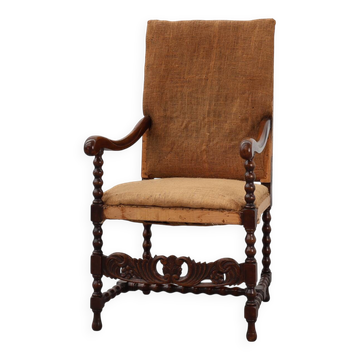 18th-Century Belgian Baroque Armchair in Wood and Leather, Louis XIV Period