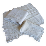 Ensemble ancien drap plat et 2 taies d'oreiller