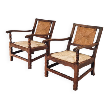 Arts & Crafts Handcrafted Low Lounge Armchairs, Belgium, 1920s, Set of 2