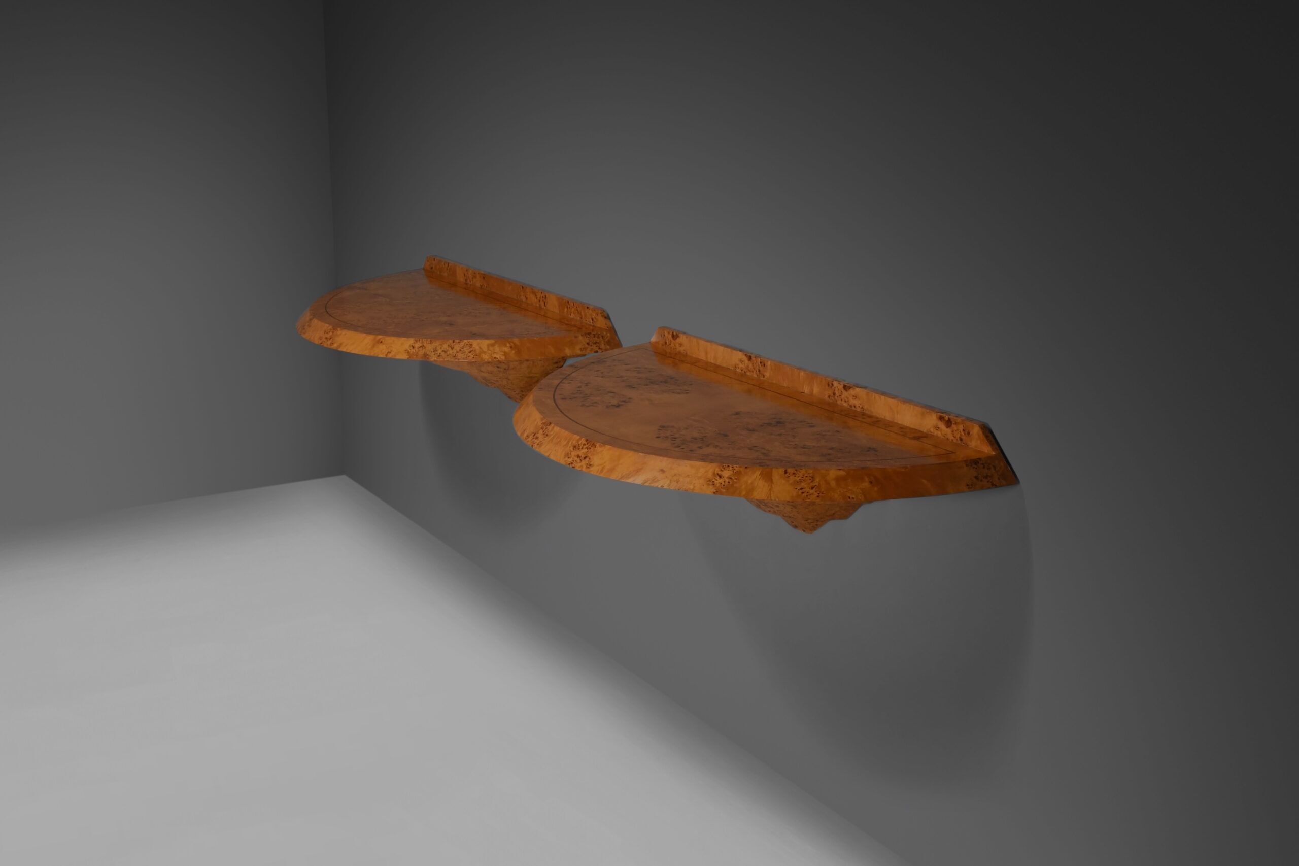 Elegant pair of Art Deco consoles in burl wood