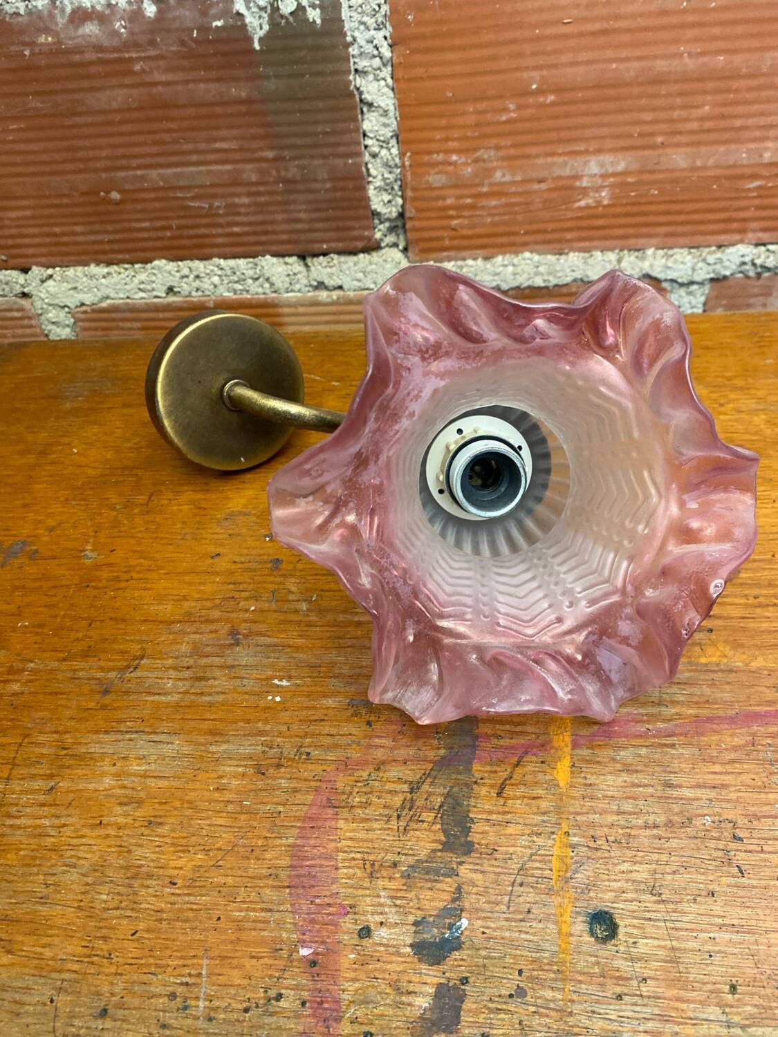 Antique Swan Neck Wall Lamp Gold Metal + Vintage Pink Glass Tulip