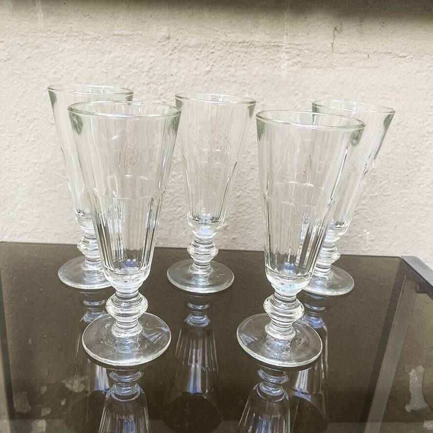 5 antique Caton-style champagne flutes in glass or crystal