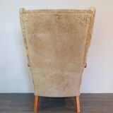 Norwegian sheepskin wing armchair with ottoman 1950
