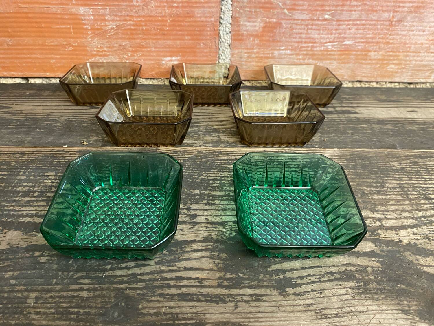 Set of 7 Antique ARCOROC Molded Glass Ramekins/Bowls, Smoked & Vintage Green