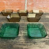 Set of 7 Antique ARCOROC Molded Glass Ramekins/Bowls, Smoked & Vintage Green