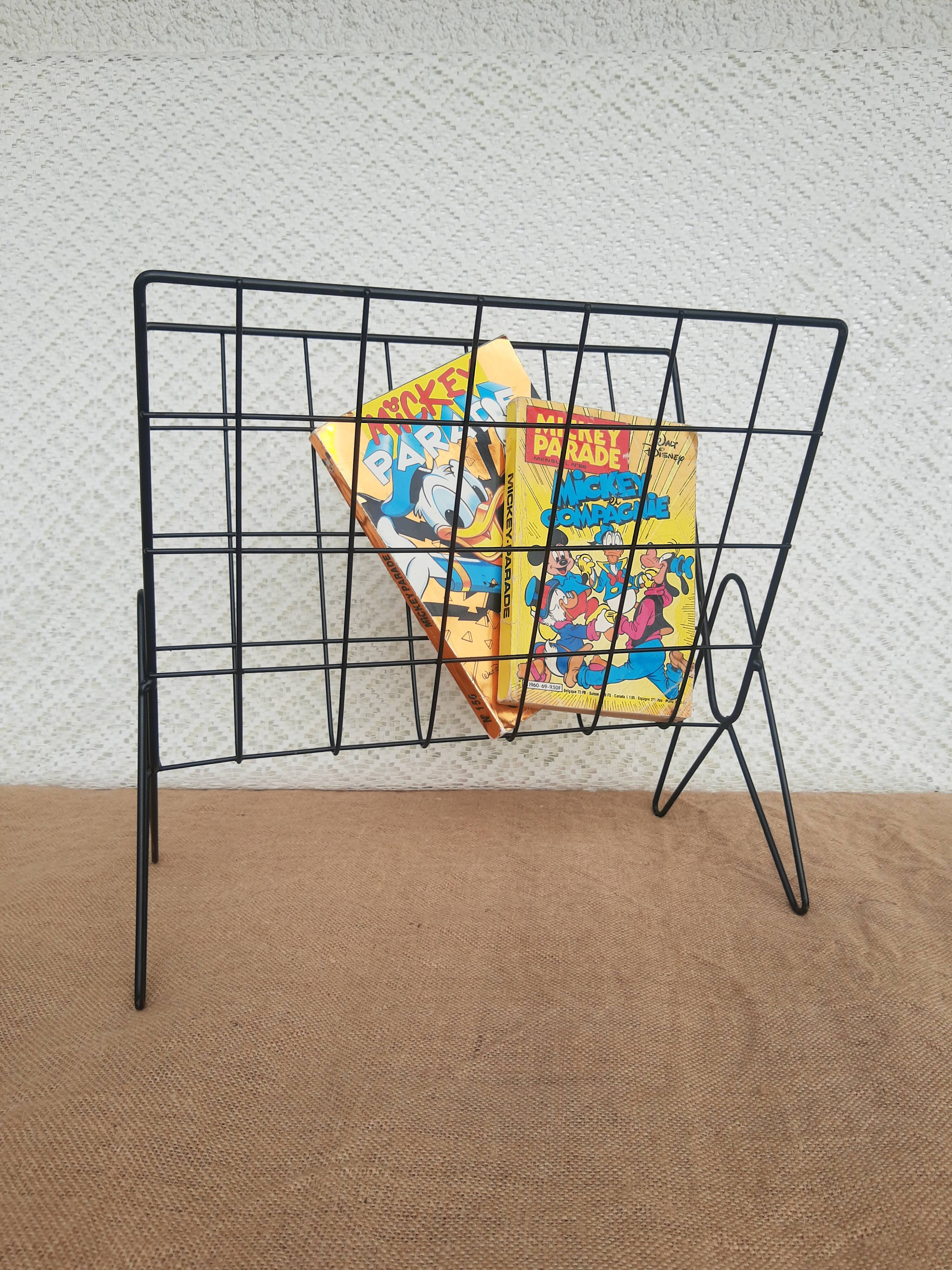 Vintage black metal wire magazine holder