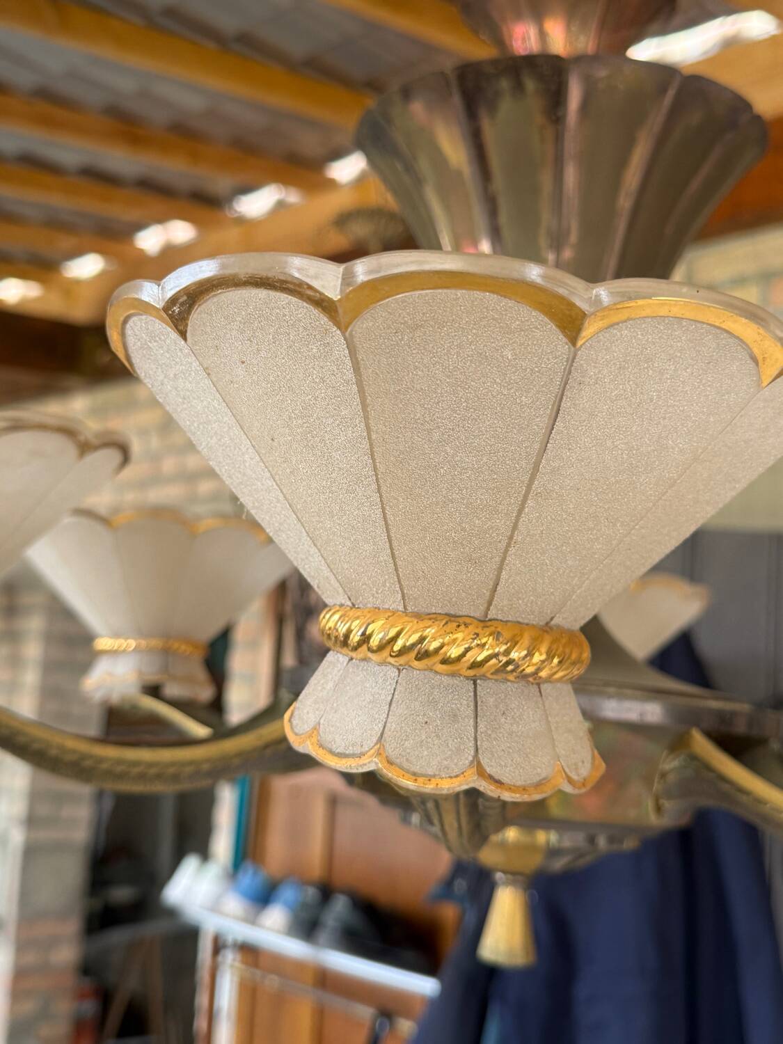 Art Deco Chandelier with Six Lights in Bronze and Frosted Glass, France, 1930s