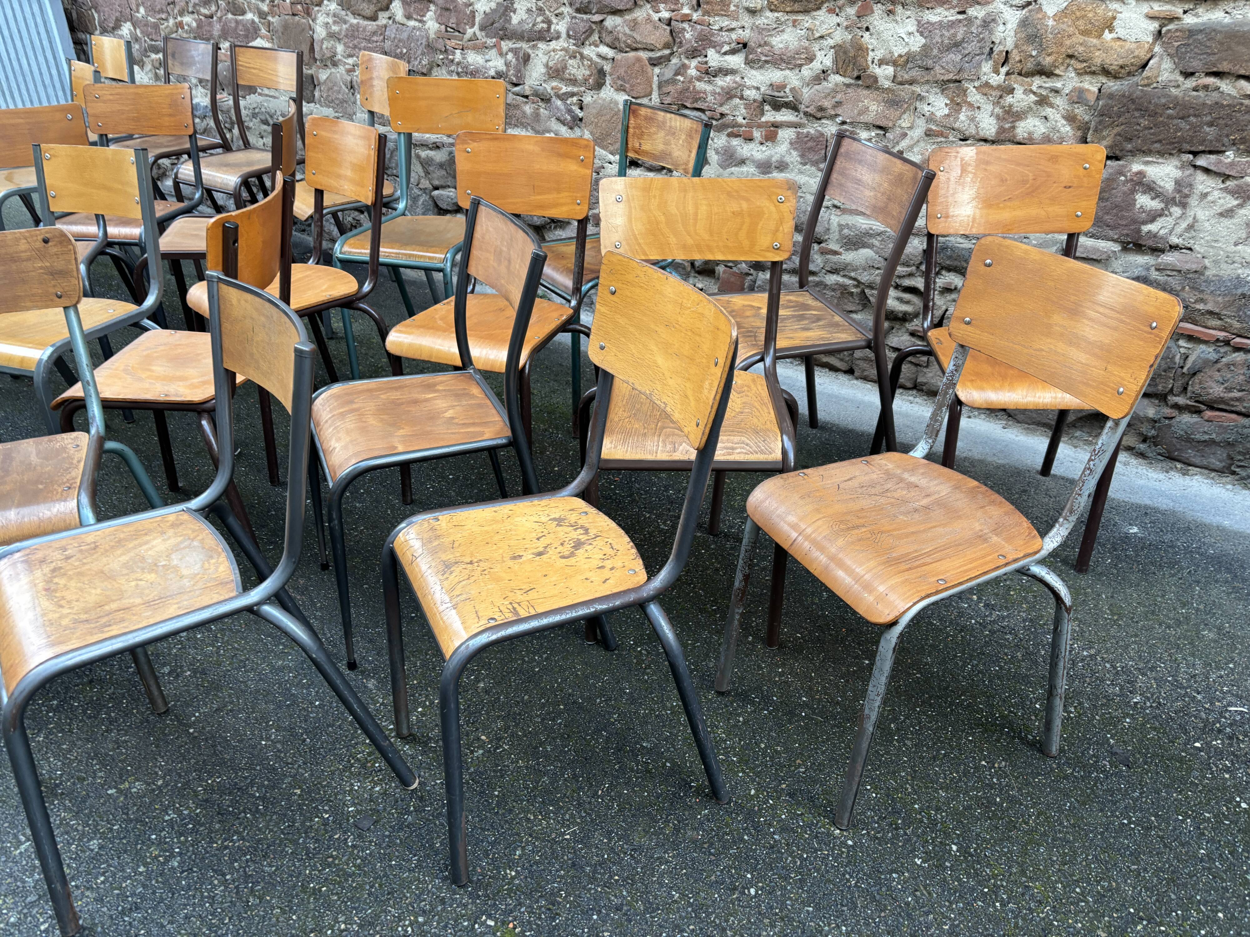30 mismatched vintage industrial school chairs MULLCA tube & wood