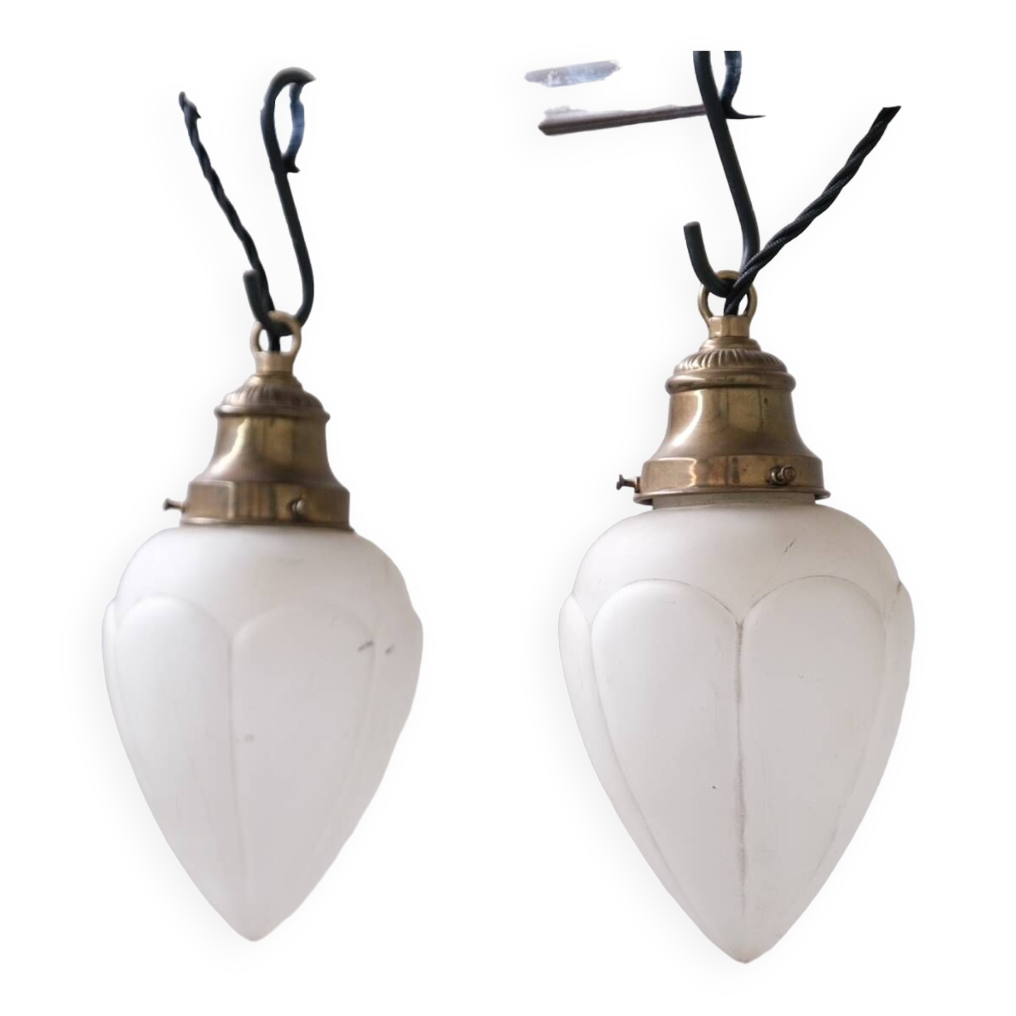 Pair of opaque glass and brass french opaline pendants