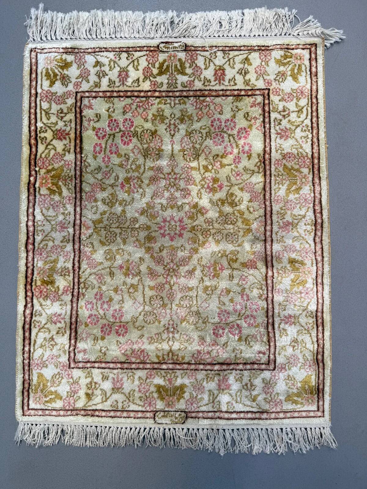 Vintage Turkish Hereke silk rug floral 53x67cm hand knotted gold pink 2538