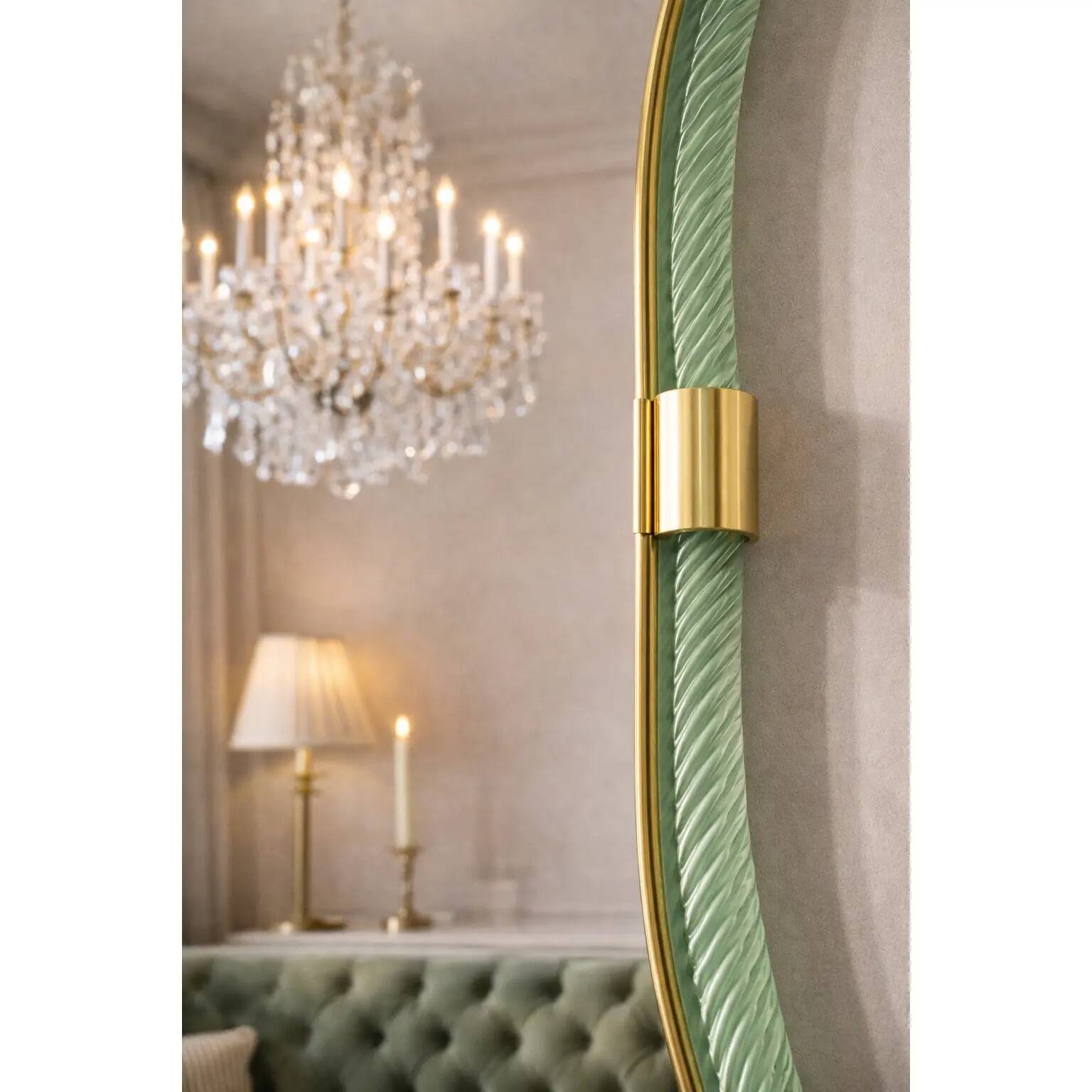 Miroir en verre de Murano vert vieilli de luxe italien avec torchon en feuille d'or.