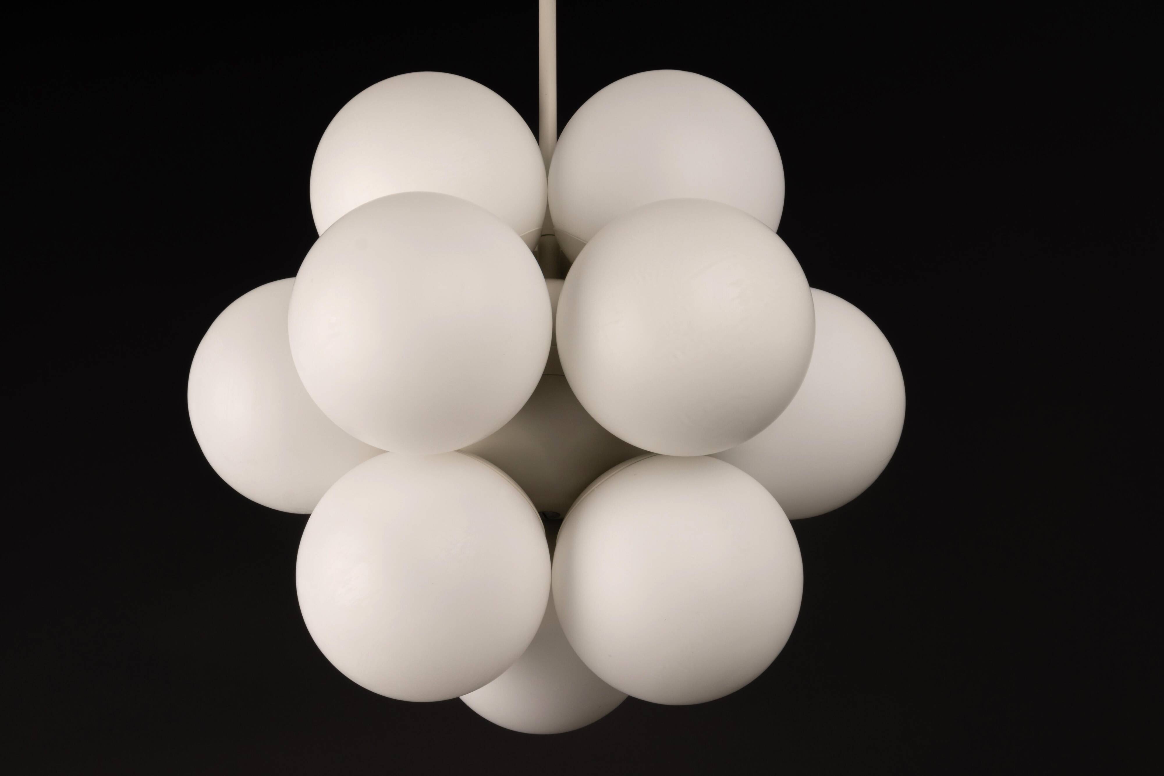 Kaiser Sputnik chandelier, molecular shape, 12 opal glasses, Germany, 1970s