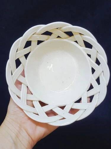 Set of Woven White Mediterranean Ceramics Basket + Bowl