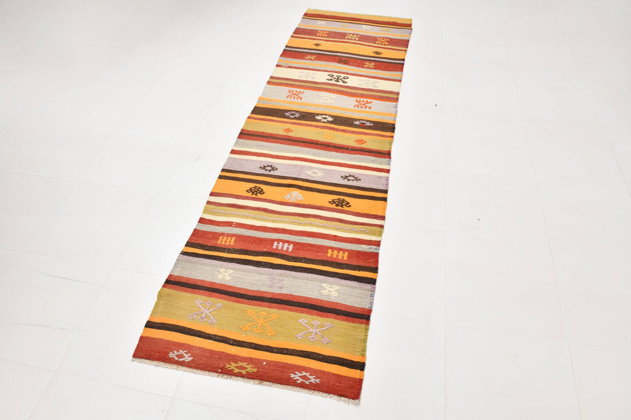 3x9 Striped Kilim Runner, Wool Runner Rug, 74x263Cm