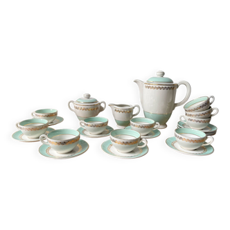 Vintage tea/coffee service in white green gold porcelain LUNEVILLE made in France