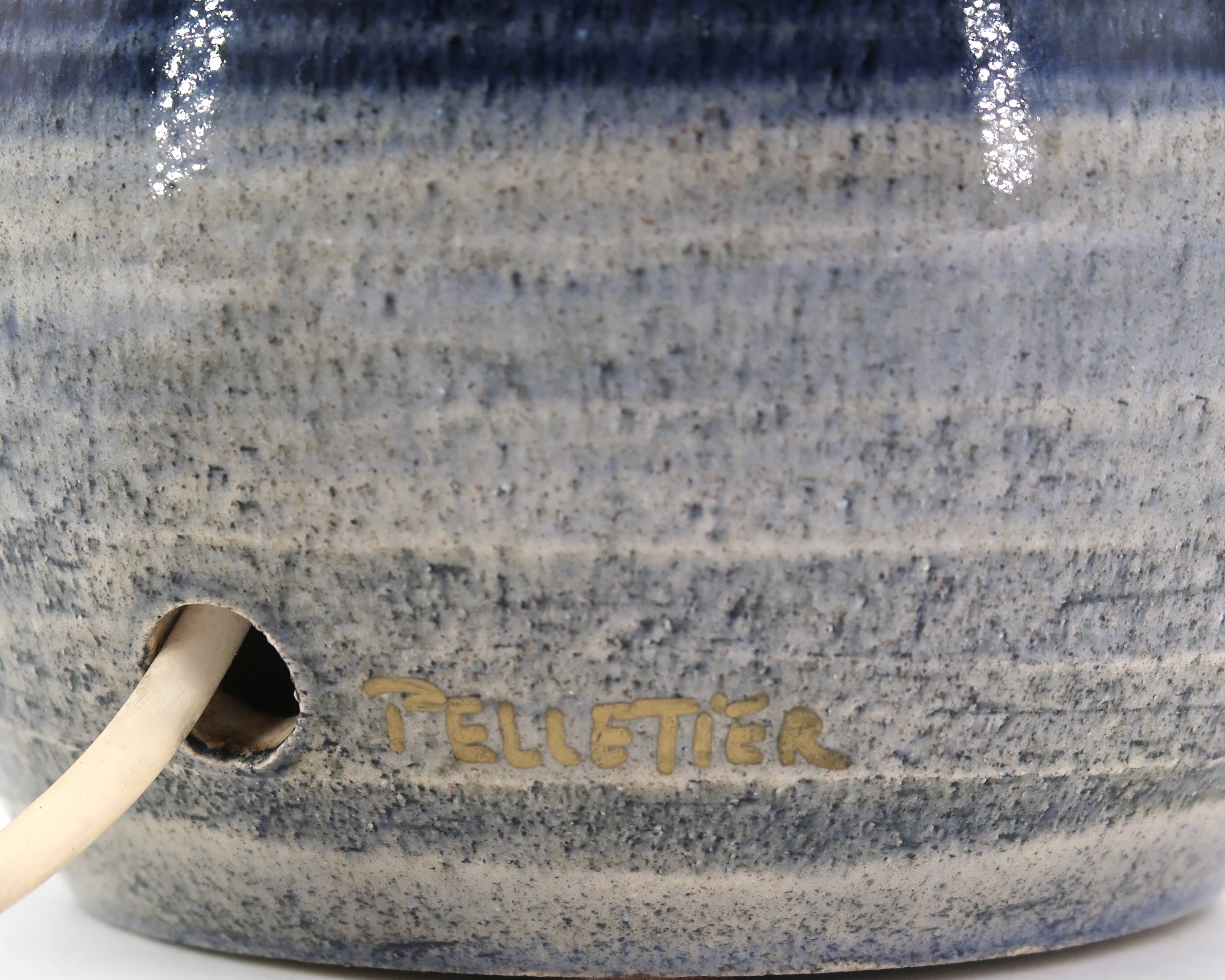 Blue and gold ceramic lamp by Georges Pelletier, raffia lampshade