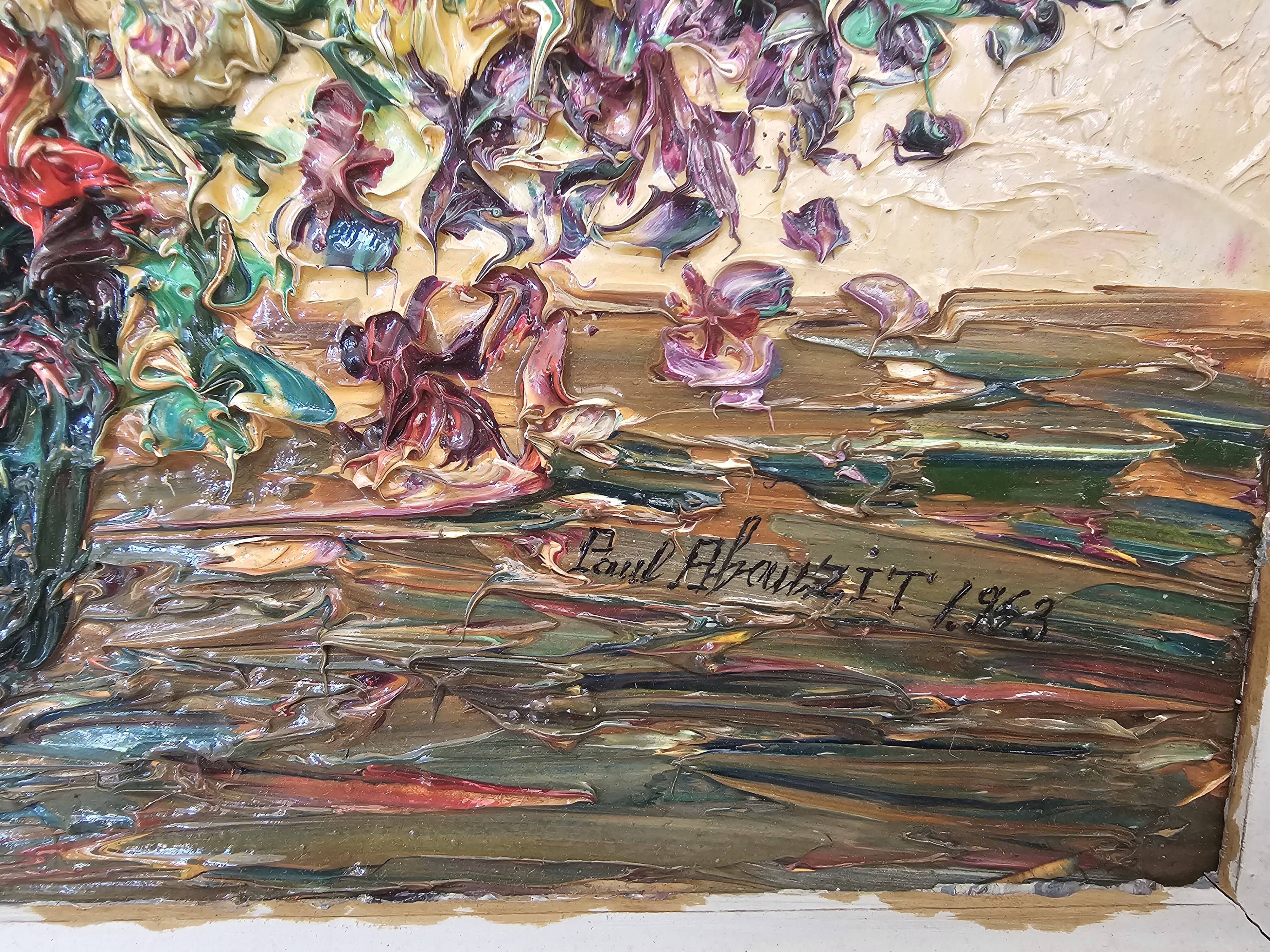 Oil on canvas - Bouquet of flowers with a knife Signed Paul Abouzit