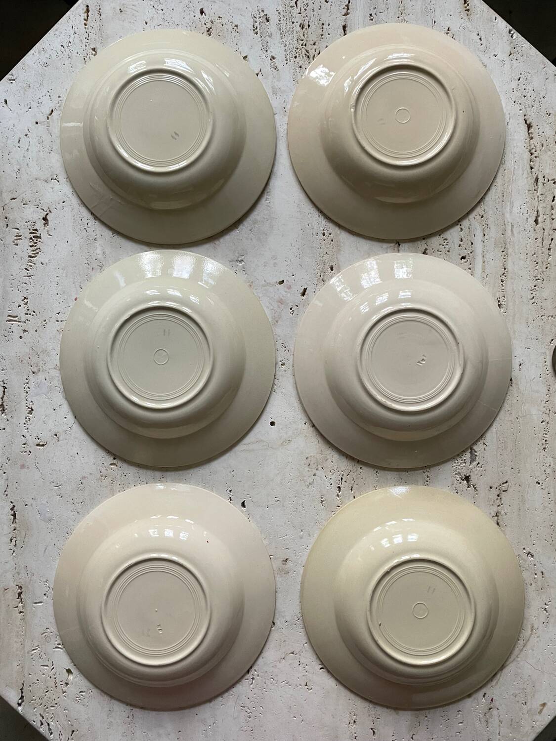 6 vintage old earthenware soup plates