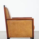 Sheep leather and wood armchair with an Art Deco design