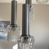 Large suspension chandelier with 5 glass lampshades and aluminium tube.