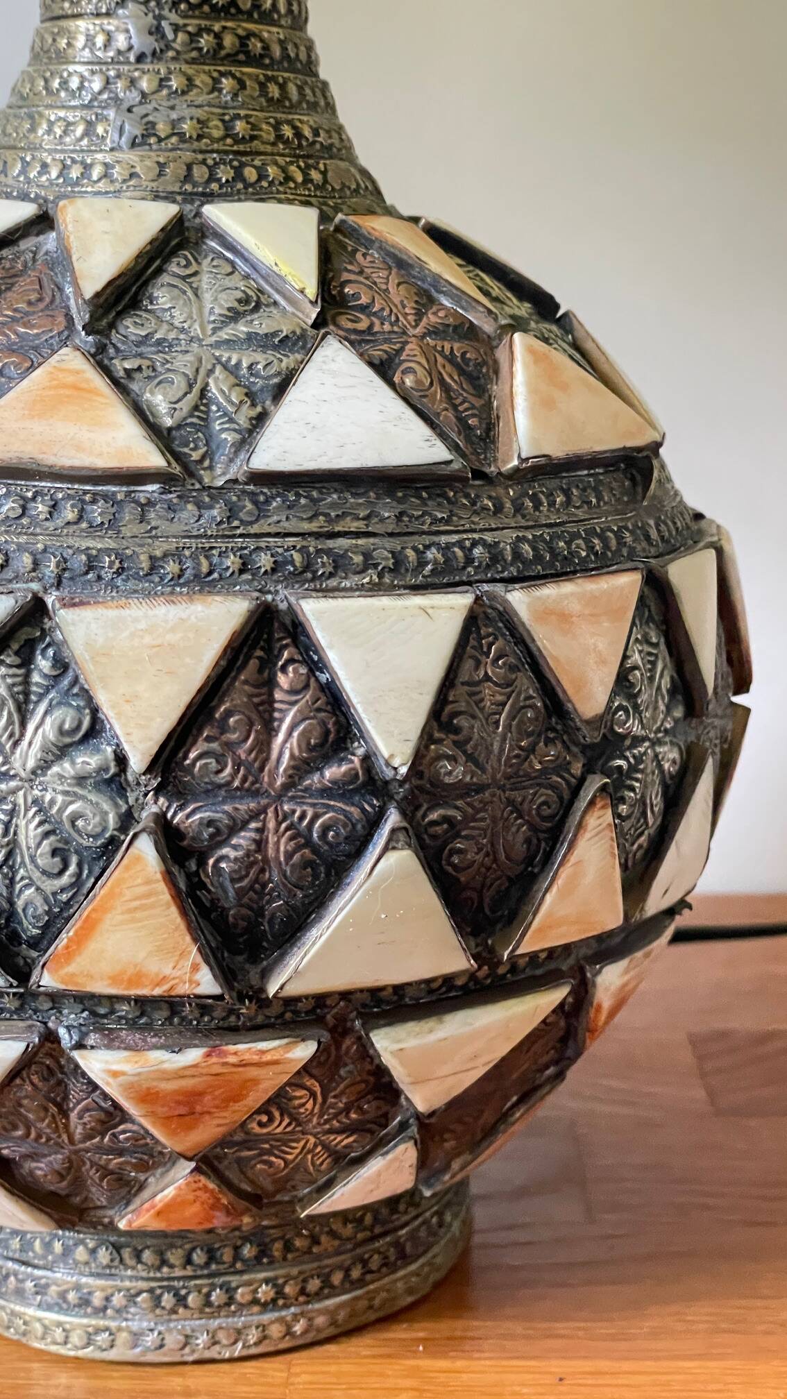 Vintage handcrafted lamp, pottery and silver-plated metal