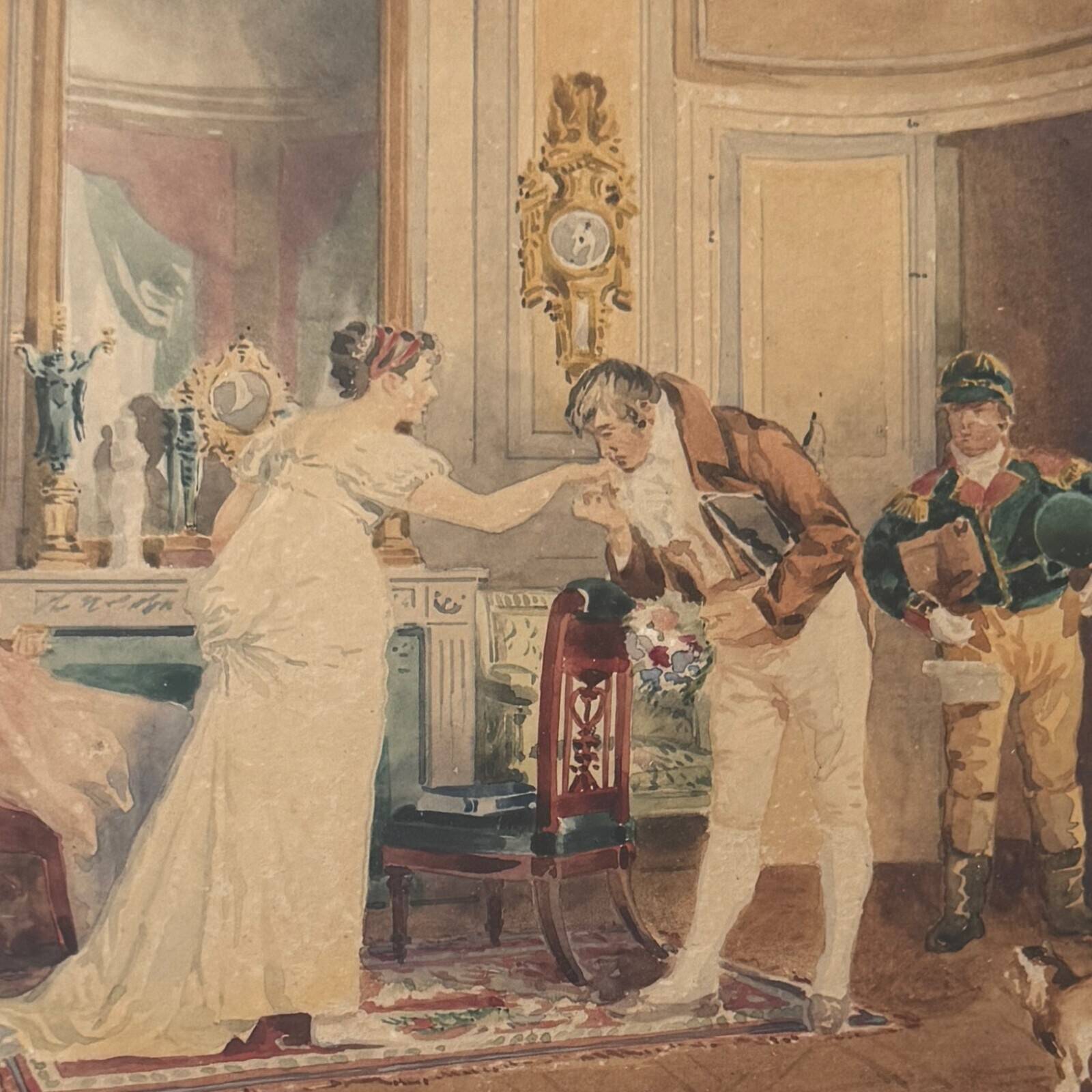 Watercolor paper scene of a bourgeois interior by Eugènes Charles Picou, 19th century