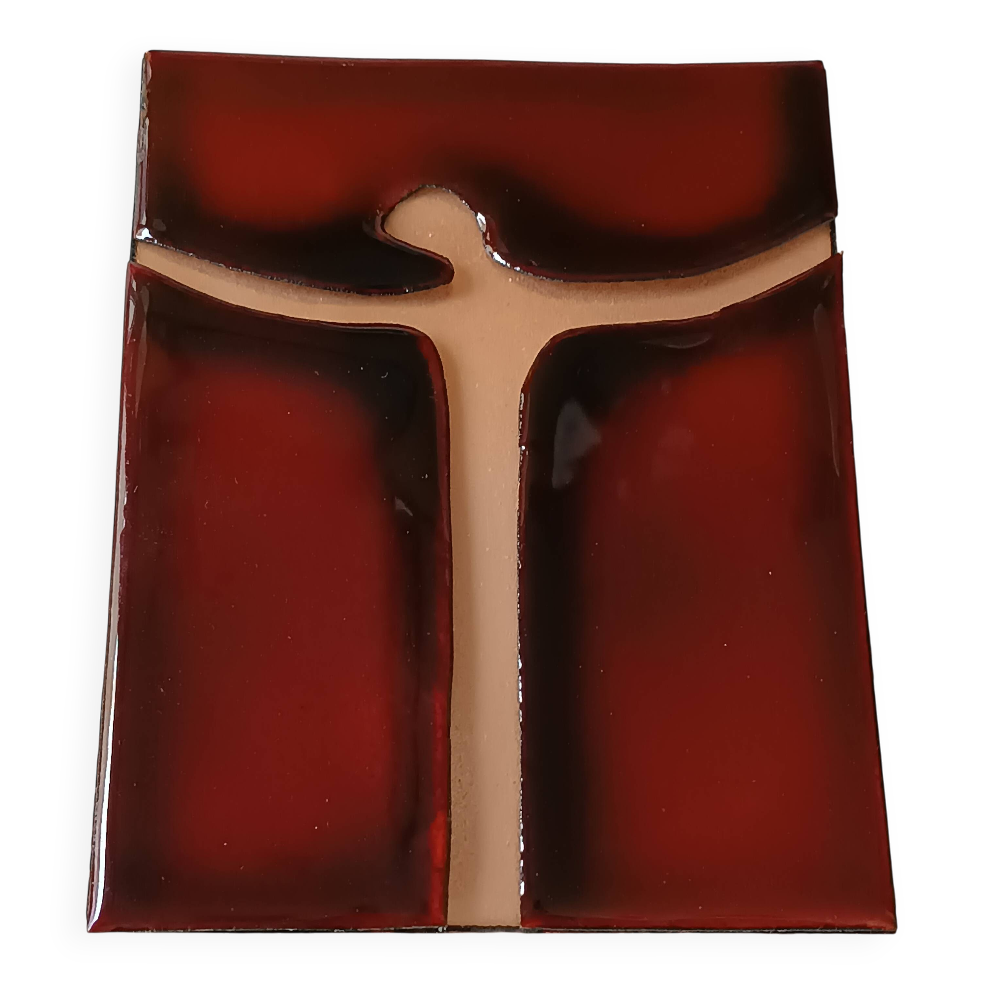 Vintage red and gold enamel wall cross on copper, Atelier Chehab