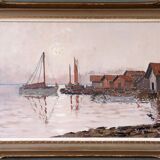 Mid-Century Modern Swedish "Coastal Sunset" Vintage Seascape Oil Painting, Framed